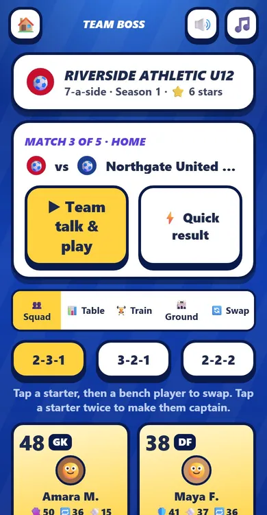Team Boss: an under-12 squad with formations and player cards