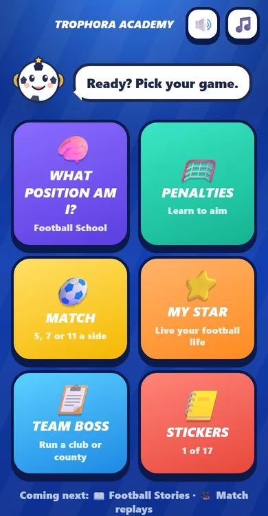 Academy home screen with Football School, Penalties, Match, My Star, Team Boss and Stickers