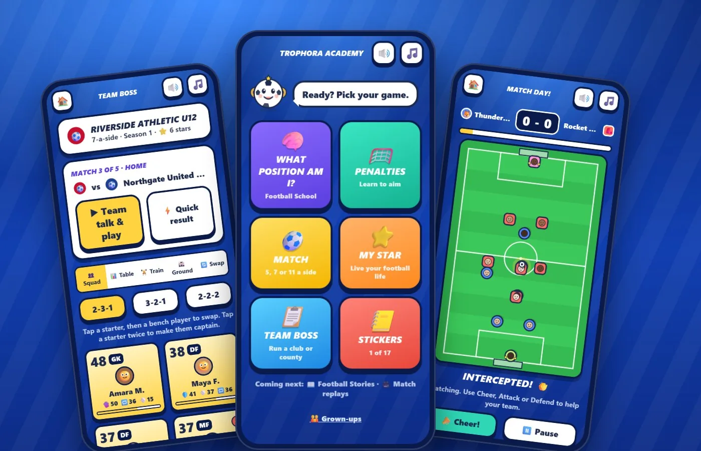 Three phones showing Trophora Academy: the Team Boss squad screen, the home screen with six games, and a 7-a-side match