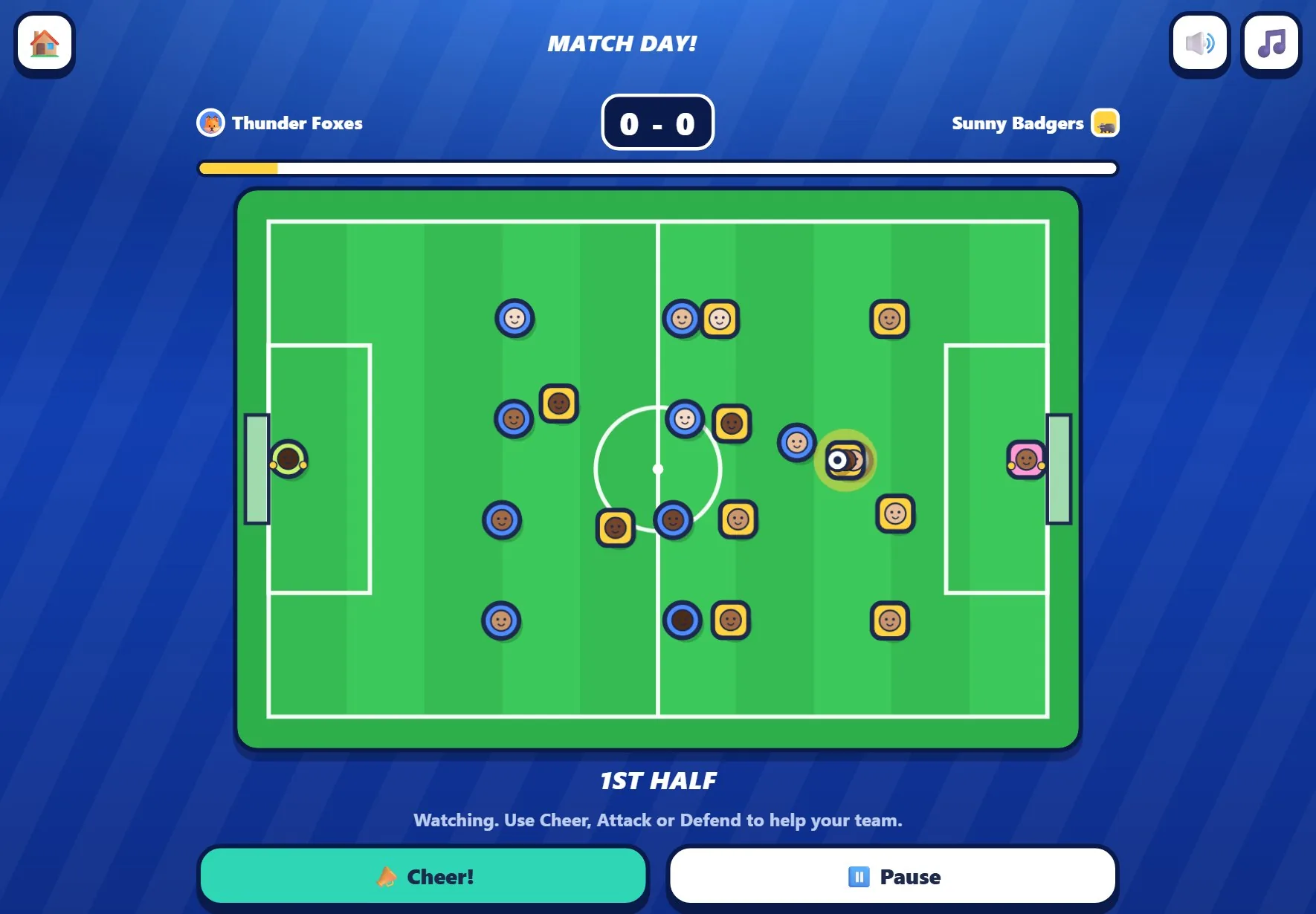 An 11-a-side Trophora Academy match on a tablet, with Cheer, Defend, Balanced and Attack buttons