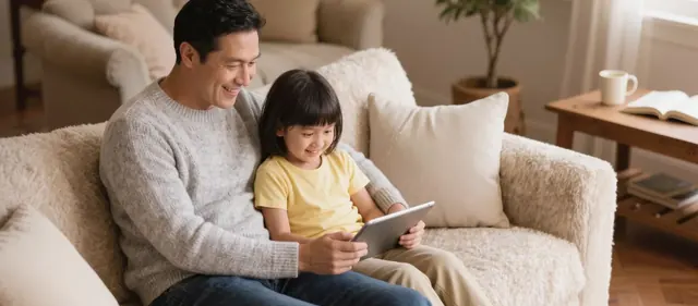 Illustration: a parent and child on a sofa looking at a tablet together