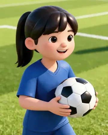 Illustration: a young girl in a blue kit holding a football on a grass pitch