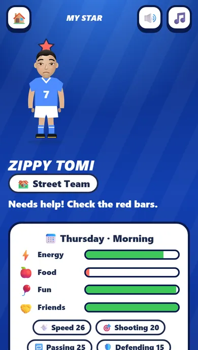 Trophora Academy, My Star: a cartoon footballer called Speedy Leo with energy, food, fun and friends bars