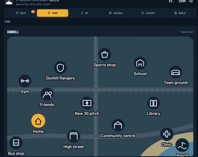 Road to Pro town map with home, school, gym, sports shop, library and the club ground